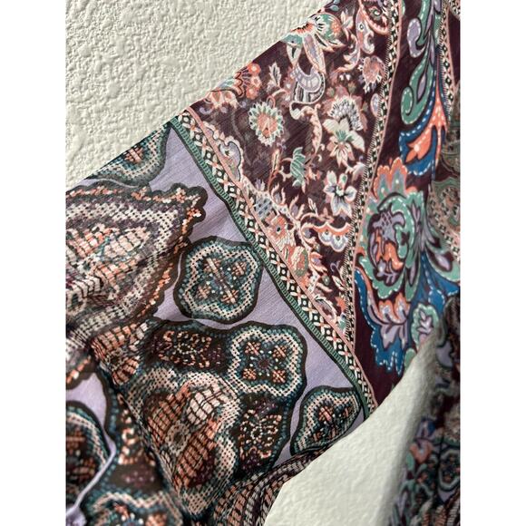 Fire Los Angeles Dress‎ Purple Paisley Boho Peasant Hi-Lo Ruched Off Shoulder M - Picture 3 of 12